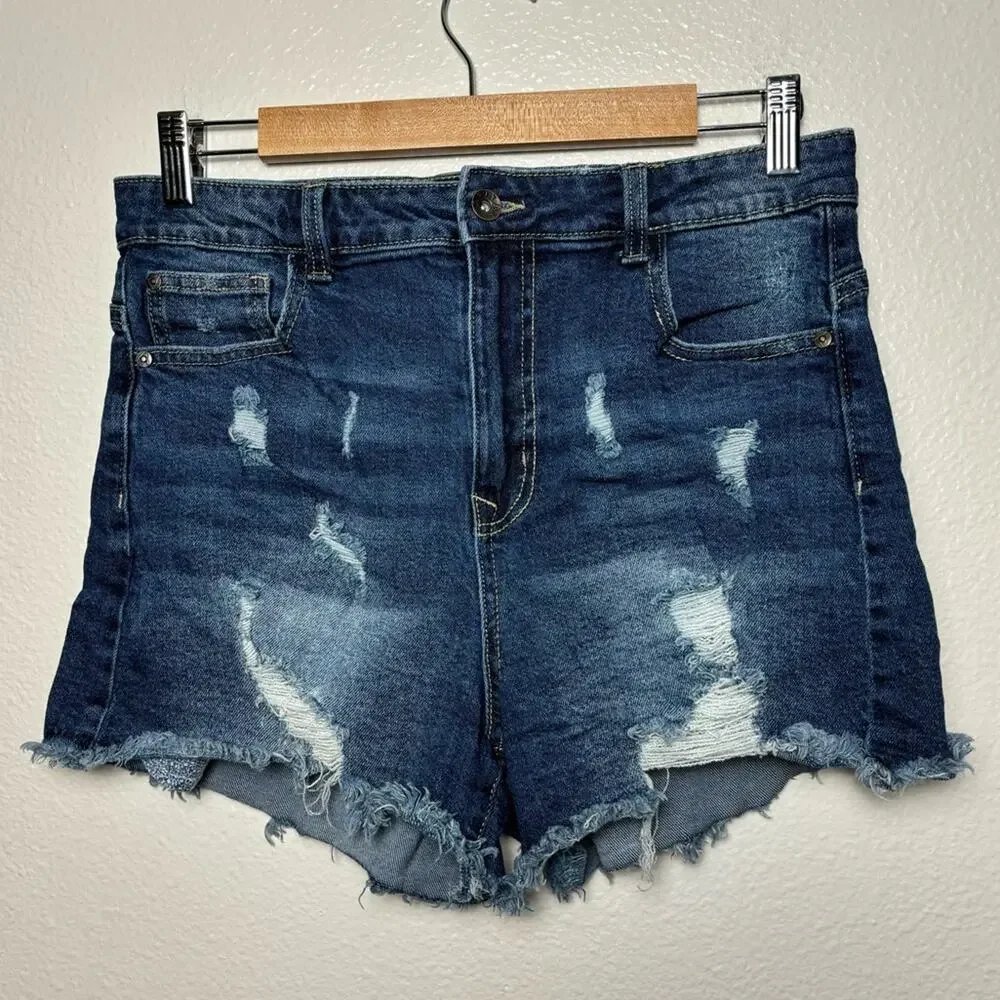 ARIYA Shorts Women's 11/30 Curvy High Rise Distressed Cut Offs Med Blue